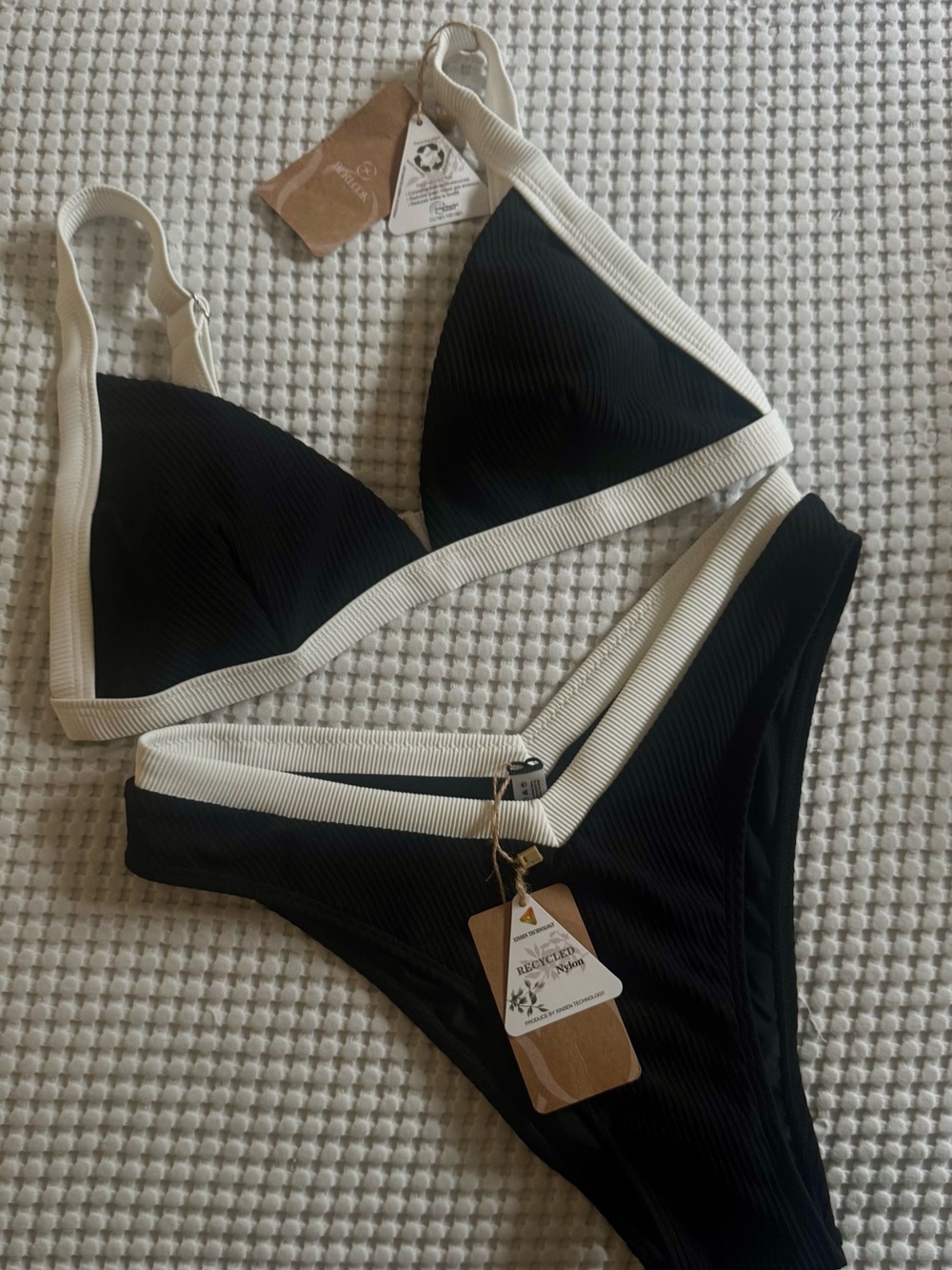 Black Bikini with Cream Trim - Ribbed Triangle Swim Set